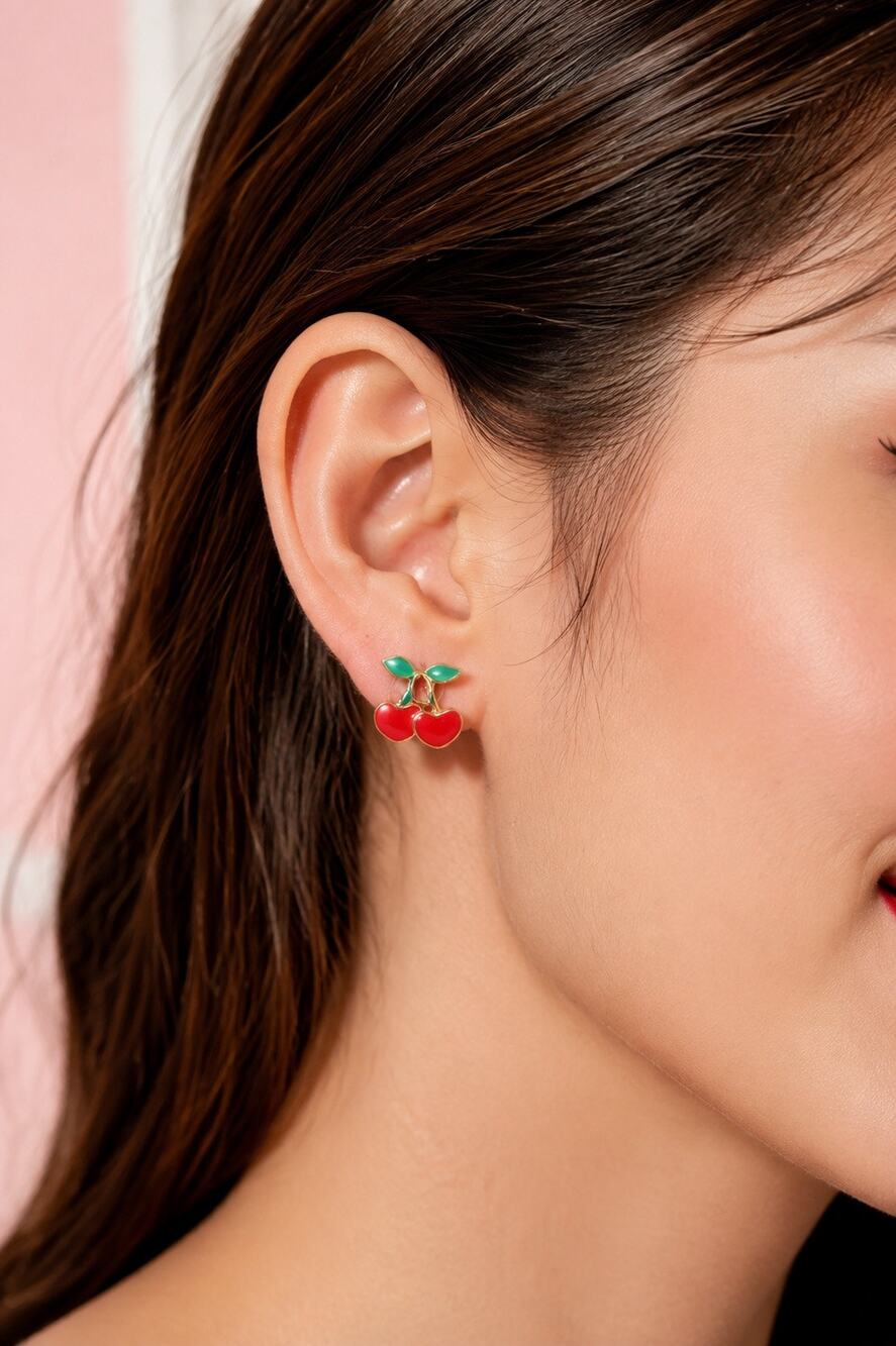 Red Cherry Enamel Stud Earrings Gold Tone Fruit Y2K Kitsch Cute